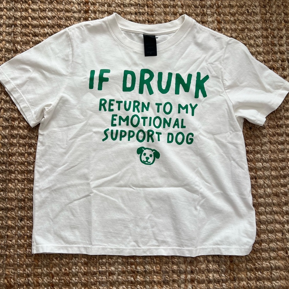 Thick White T‑Shirt with Green 'Emotional Support Dog' Print
